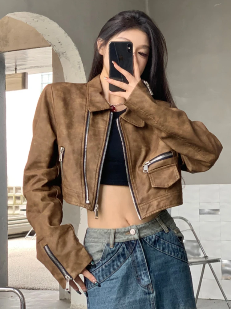 

Short Leather Jacket Women's Retro Brown American-Style Fashionable Slim-Fit Casual Versatile Irregular Design Top Spring Autumn