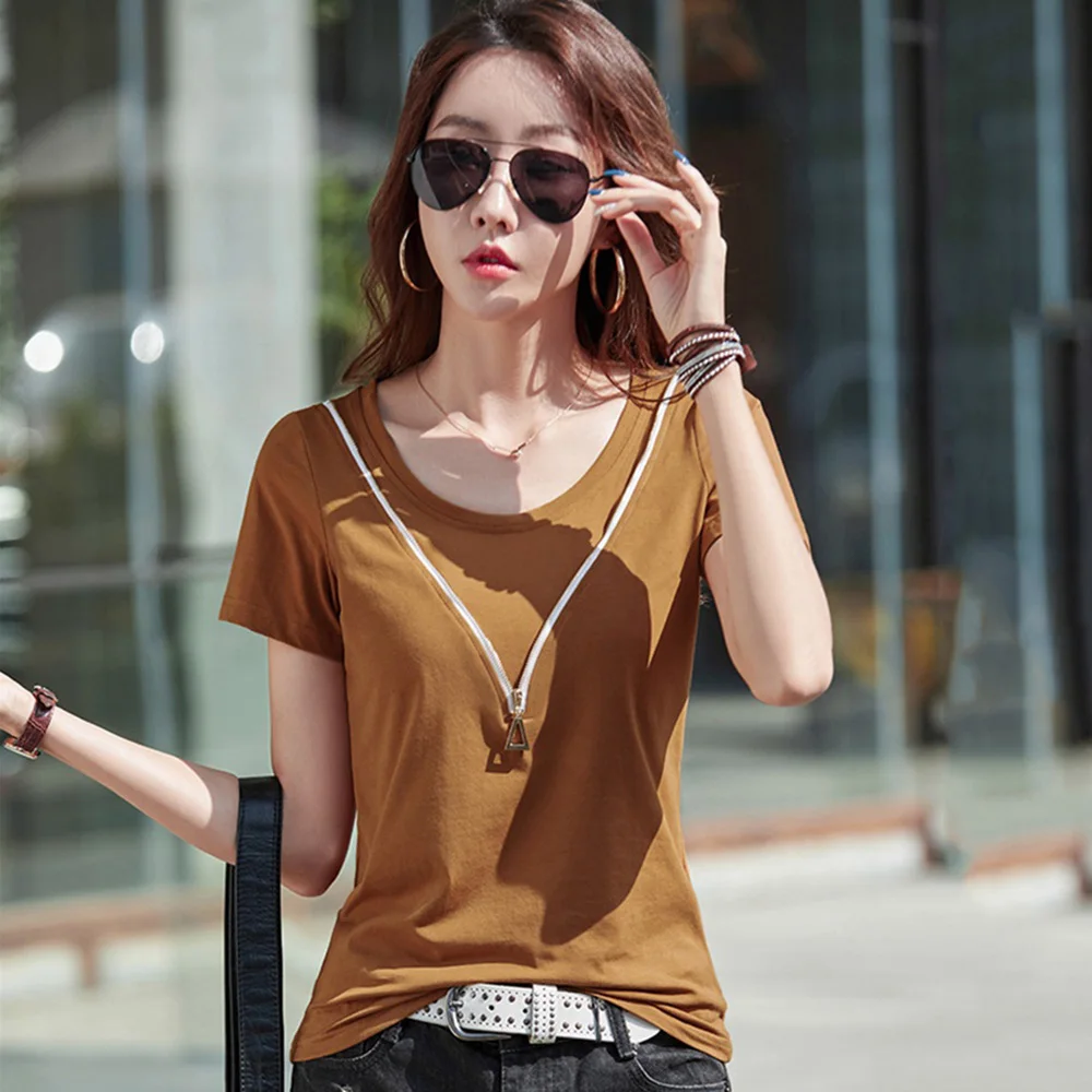 New Women Cotton T-shirt Summer Fashion O-Neck Short Sleeve Zipper Tees Tops Casual Simplicity Solid Color Slim T-shirt Tan