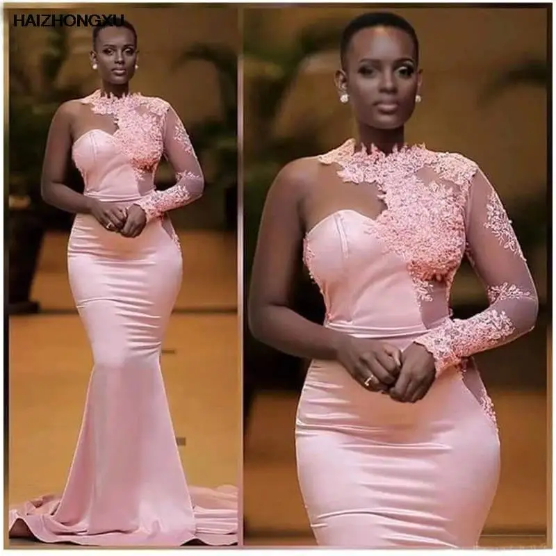 

High Neck One Shoulder Long Sleeve Mother of the Bride Dress Mermaid Lace Satin Wedding Party Dresses Evening Prom Gowns