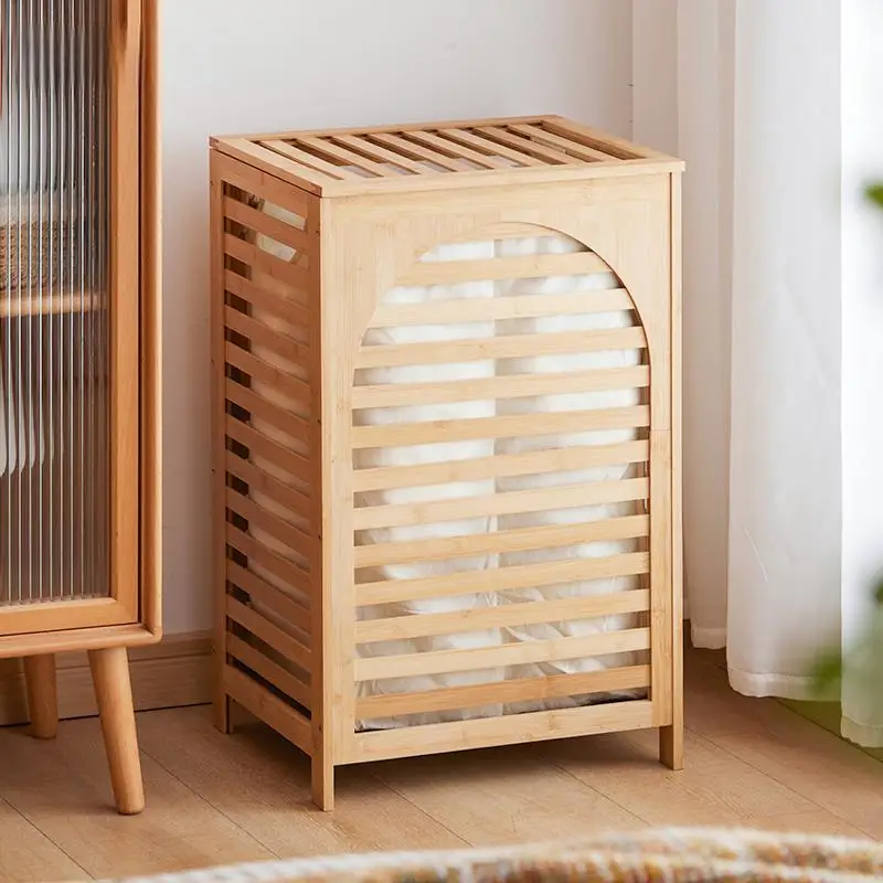 

Bamboo Laundry Basket with Lid Clothes Storage Removable Bag Standing Bathroom Kitchen Living Room