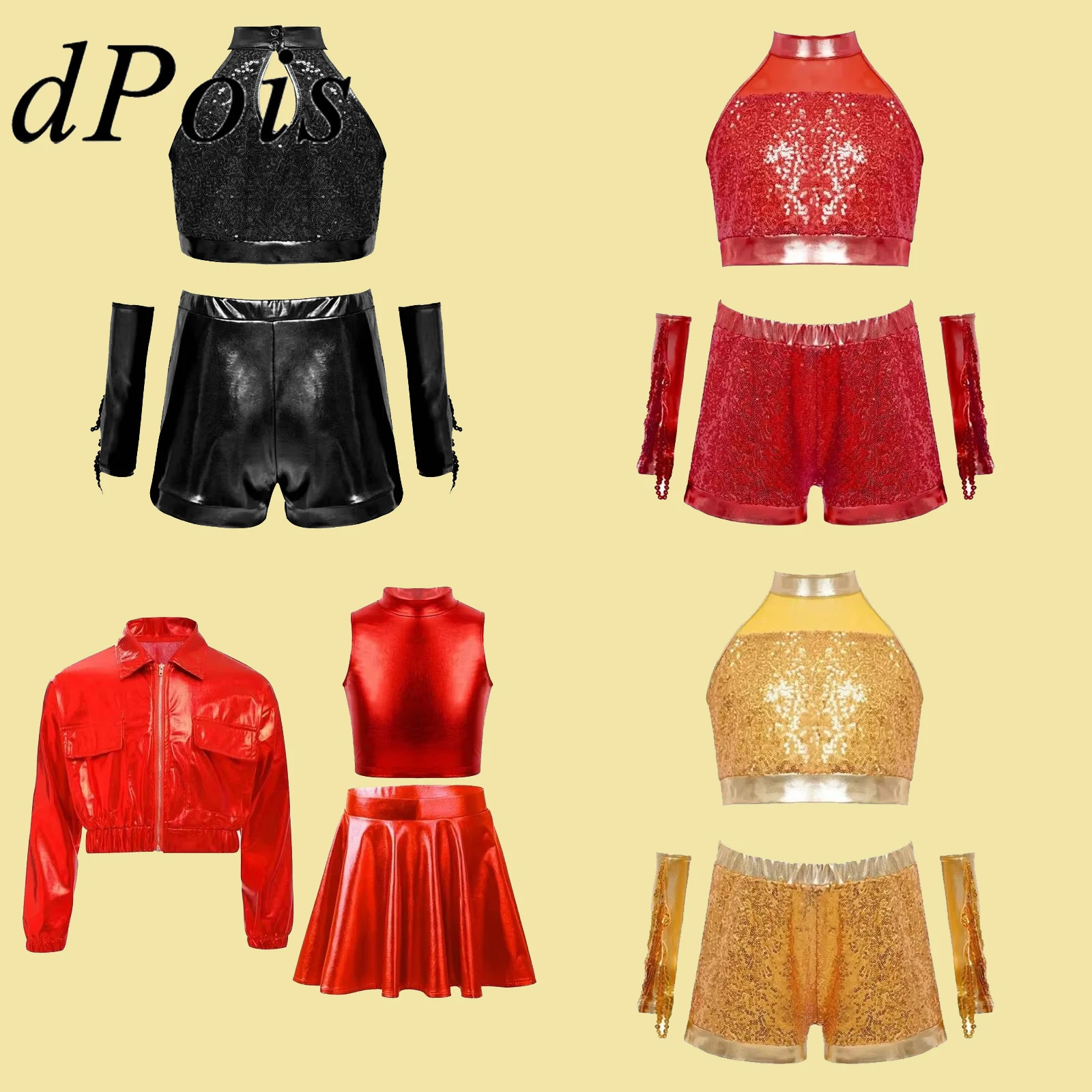 

Детские костюмы для джазовых танцев для девочек, униформа для черлидинга, металлическая одежда для болельщиков, куртка, укороченные топы, юбка, блестящие комплекты танцевальной одежды