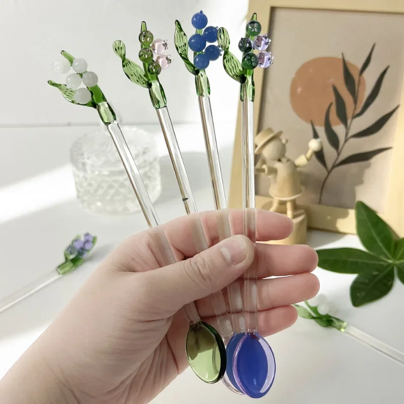 1 Piece Creative Lily of the Valley Head Coffee Spoon Colourful Transparent Glass Stir Spoon 18cm Long Handle Spoon