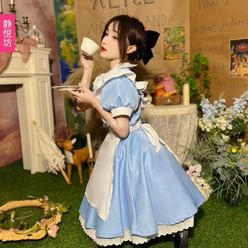 Frauen Lolita Op Kleid Mädchen blau Partykleid Kopfbedeckung Schürze Frauen Kurzarm Dienstmädchen Kleid Set Halloween Cosplay Kostüm ms12106