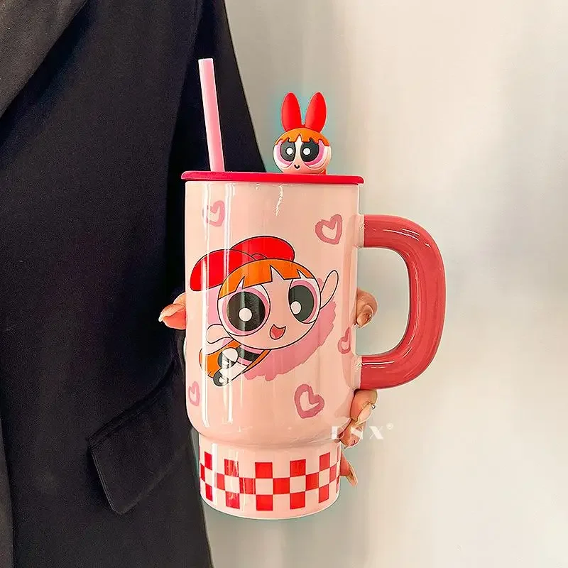 كوب سيراميك لموسم الفتيات من كارتون ذا باوربف كوب لطيف ذو سعة كبيرة للاستخدام المكتبي والمنزلي مع غطاء وكوب ماء من القش هدية #2