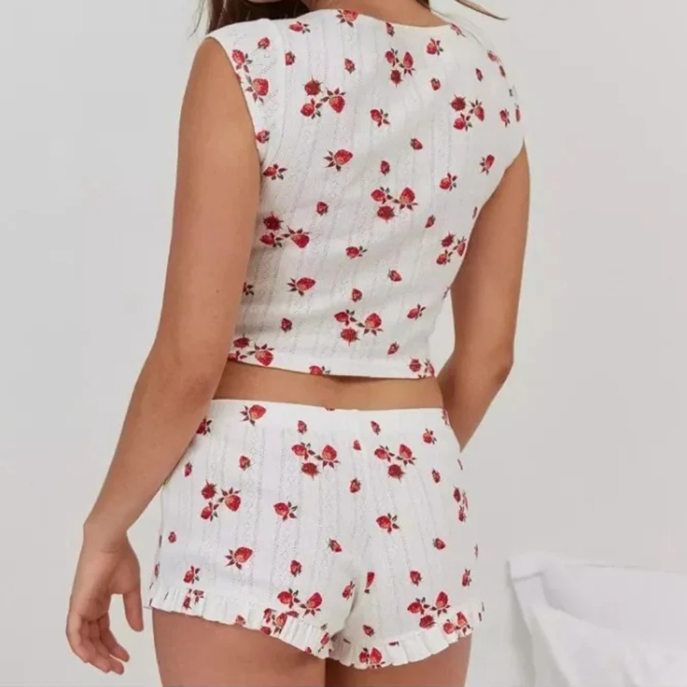 Sleepwear Women Pajama Set Heart Print Sexy Ribbed Bow Decor Round Neck Backless Crop Cami Top & Shorts Nightwear 2025 Summer