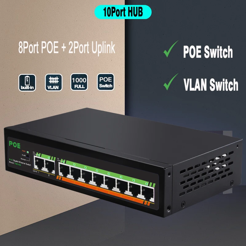 10 Port Power Over Ethernet Switch Vlan PoE Switch Gigabit Cepat RJ45 Hub Smart Network Switch Ethernet 120W Memperpanjang 100 1000 Mbps