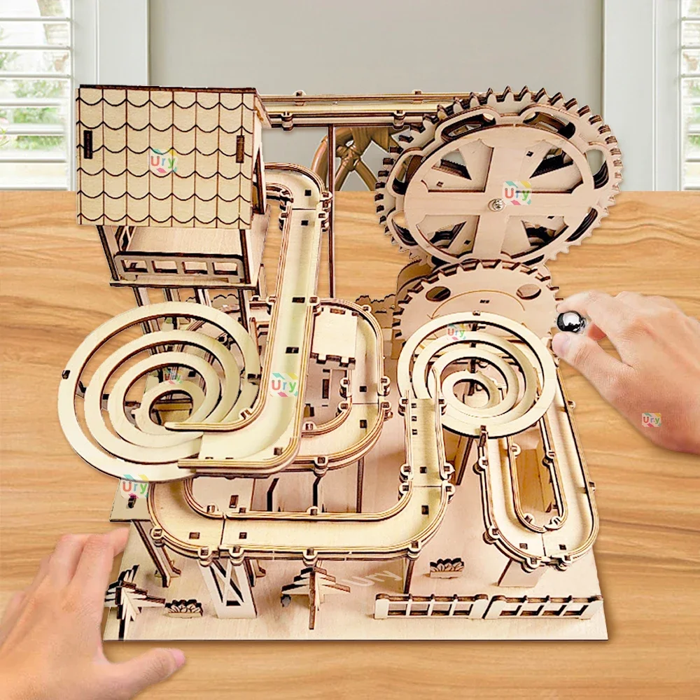 3D Wooden Puzzle Mechanical Castle Track DIY Science Physics Maze Ball Model Kit Assembly Toy For Teens Adult Birthday Xmas Gift