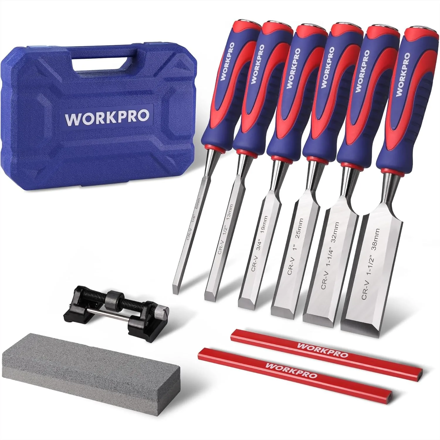 

6-Piece Wood Chisel Set with Sharpening Stone, Honing Guide & Storage Case for Woodworking