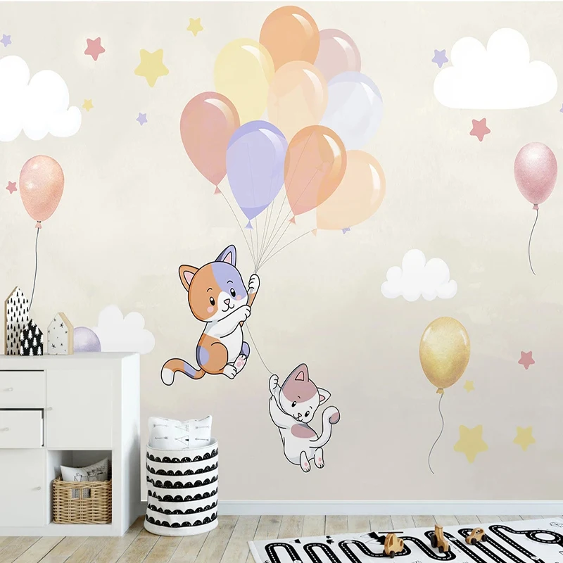 

Cartoon Hot Air Balloon Wallpaper Custom 3D Wall Mural Hand-painted Kitten Clouds Children Bedroom Birthday Decor Painting Photo