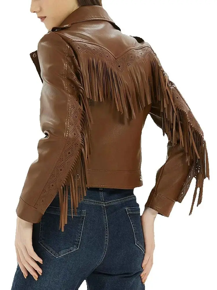 Jaquetas de couro de carneiro vintage feminino, casacos de rua femininos, borla PU, preto, marrom, casacos punk, outono, inverno, 2022