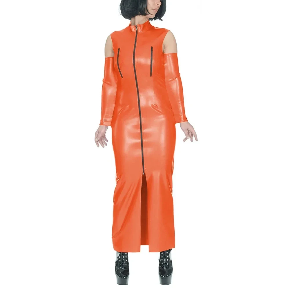 Fetish Sexy Long Hobble Dresses, Exotic Cuff, One-Piece Zipper, Split Straight Dress, Wet PVC Leather, High Neck, Clubwear