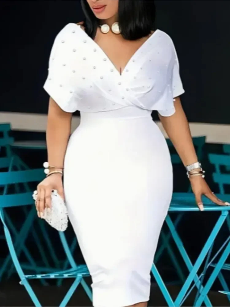 여성용 섹시 V넥 패키지 힙 우아한 드레스 봄 여름 여성 단색 슬림 오피스 미디 드레스 패션 파티 드레스