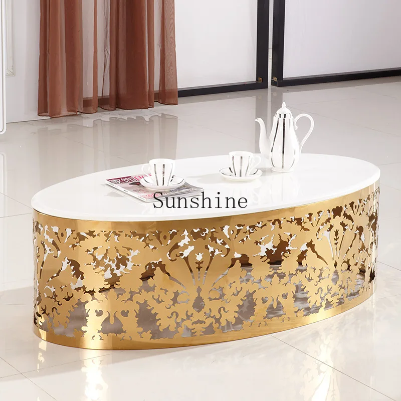 

Gold luxury glass hollow engraved plated retro gold reception coffee table