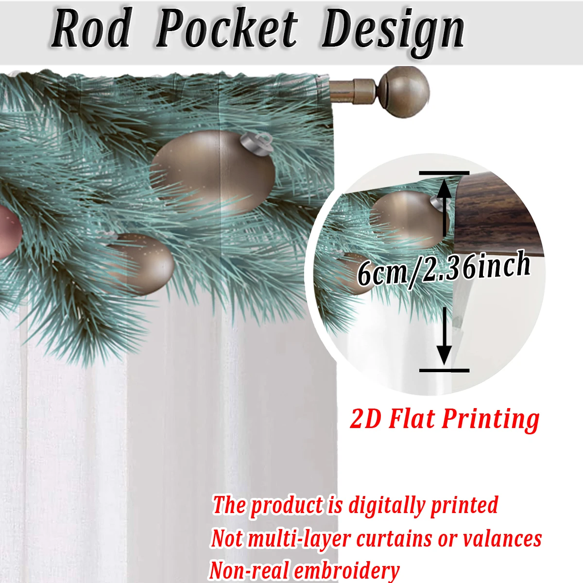 クリスマス柄のキッチン用シアーカーテン、メリークリスマスのボールと松の枝のモチーフ、クリスマスの家の装飾やパーティーに