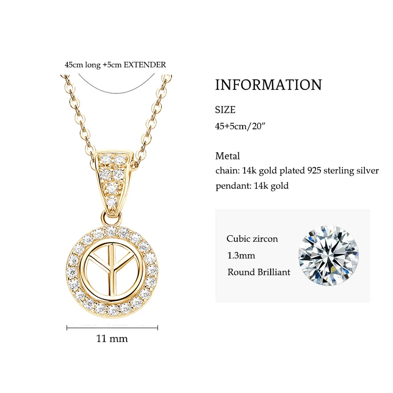 IOGOU Luxury Real Solid 14K Gold Peace Sign Round Pendant with 925 Silver Chain Necklace Halo Cubic Zircon for Women Men Jewelry