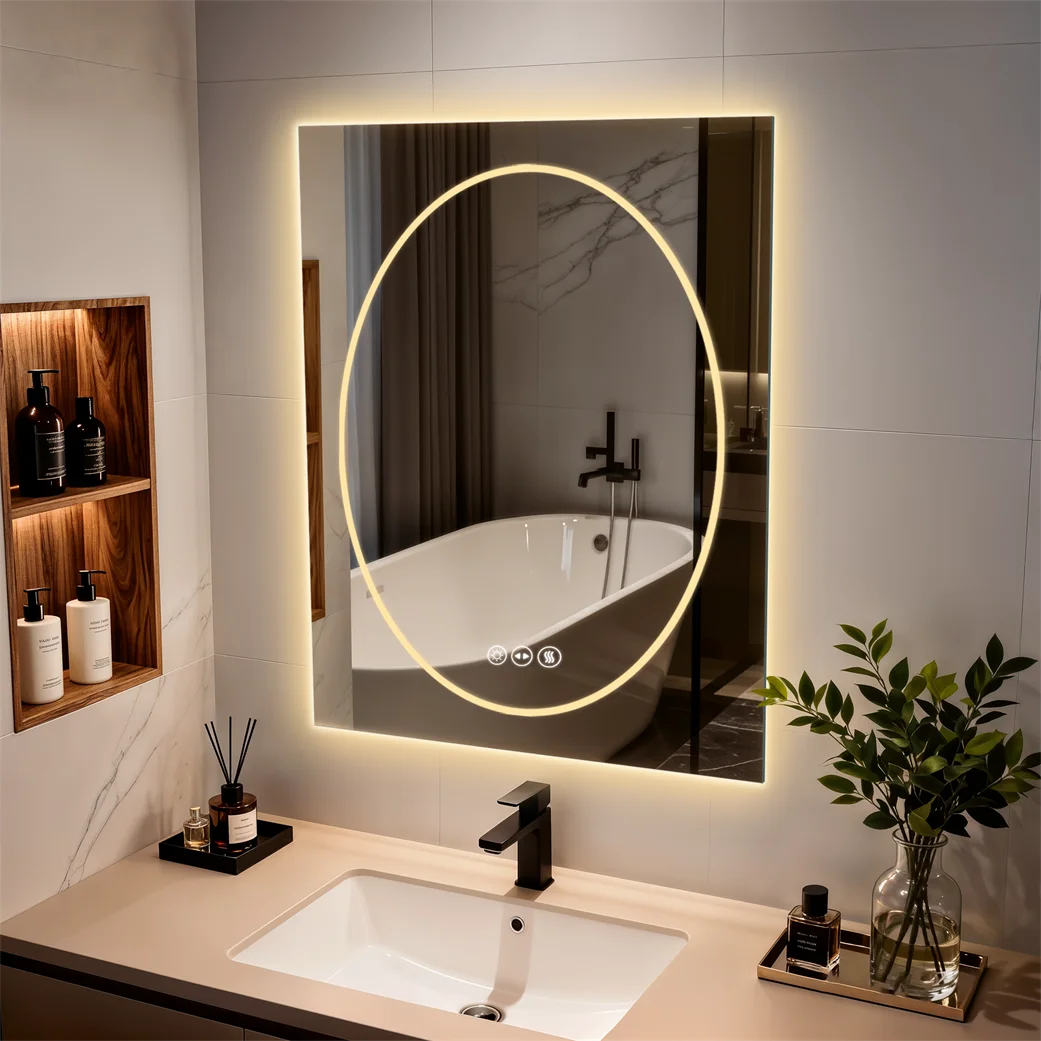 

LED Bathroom Mirror Oval in Square 600x800mm/700x900mm Wall Mounted Mirror with Lighting Anti-Fog 3 Color Correlated Temperature Memory Function Front & Back Light Smart Mirror Wall Mounted