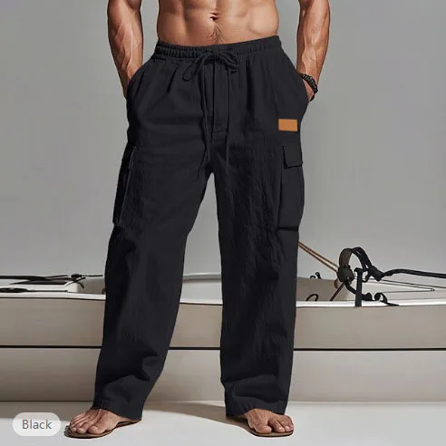 

2025 Four Seasons, американские мужские однотонные широкие брюки, мужские повседневные модные свободные хлопковые льняные брюки с завязками, одежда