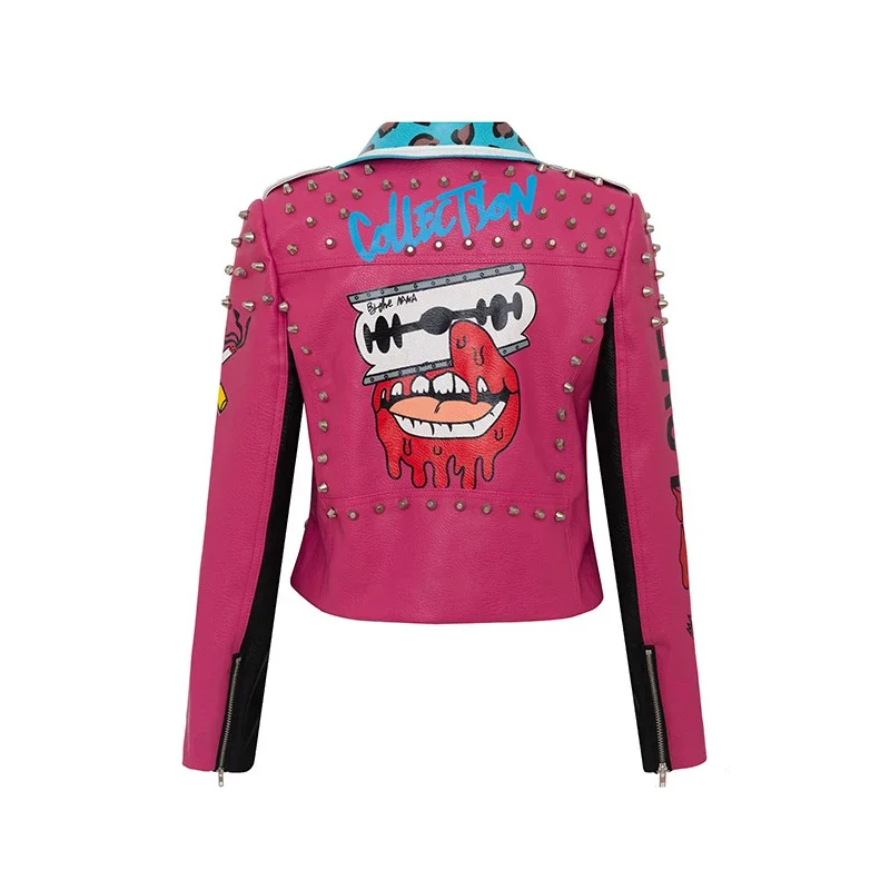 Streetwear Punk Studded Motorcycle Leather Jacket Women 2024 New Harajuku Contrast Graffiti Print Cropped Faux Leather Jacket