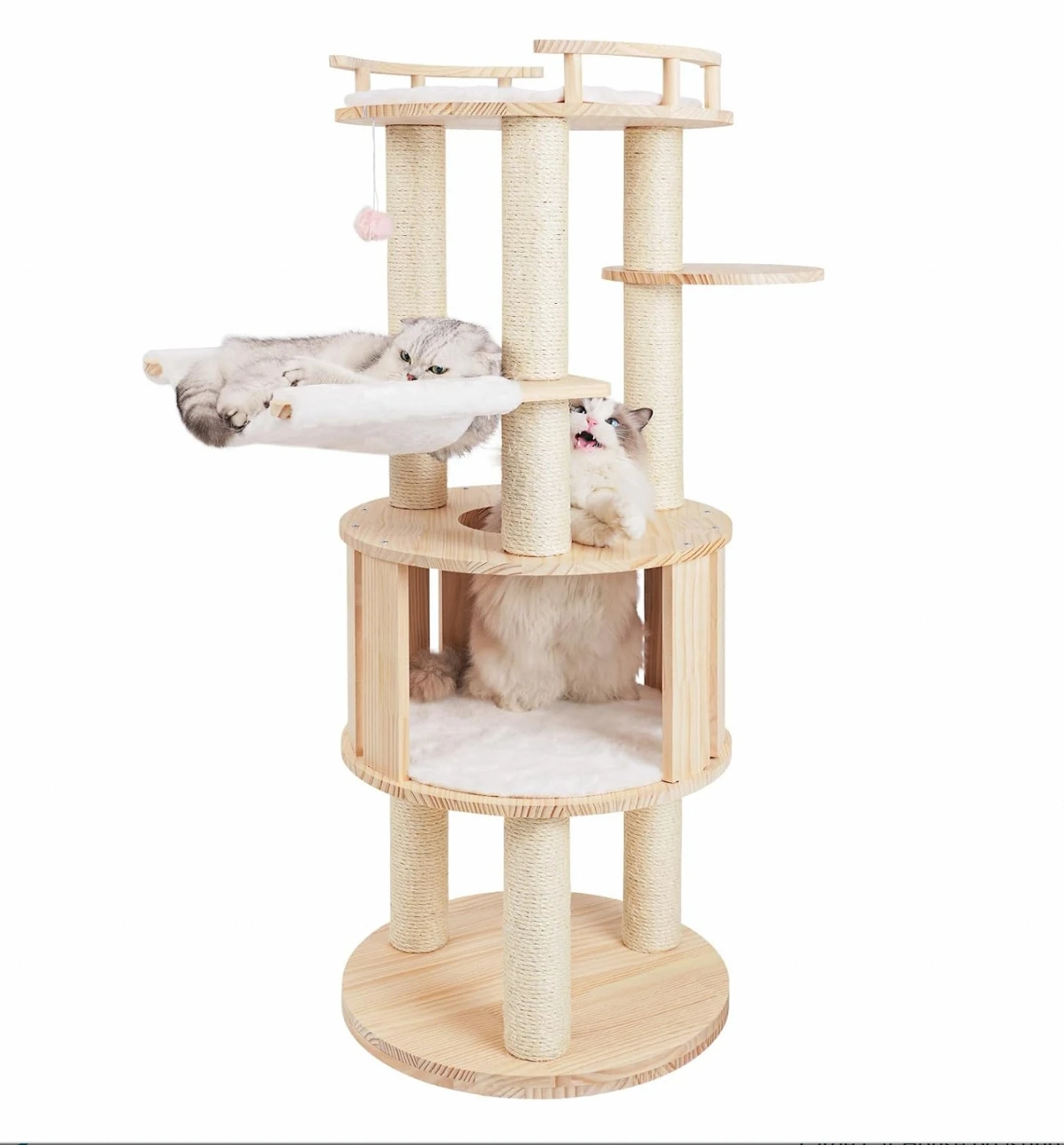 

Modern Luxury Cat Climbing Frame Wood Furniture with Ball & Mouse Hammock-Best Choice for Small Apartment Cats