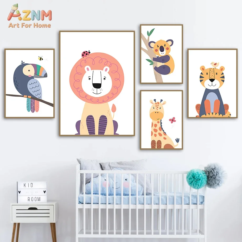 AZNM Cute Safari Animal Canvas Wall Art, Cartoon Lion Toucan Koala Print, Colorful Nursery Painting for Kids Room Decor