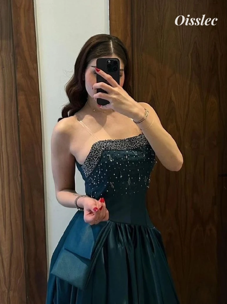 Oisslec Dress Elegant Vintage Sexy Sweet Blue Beading Strapless A-Line Customize Formal Occasion Prom Dress Evening Party Gowns