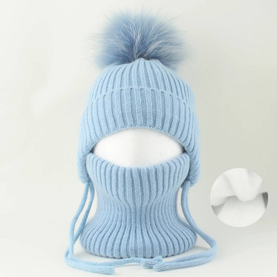Winter-Wollmütze mit Nackenschutz 2-teiliges Set Echte Fuchsfell-Mütze für Kinder Jungen Mädchen Dicke Fleece Warme Gestrickte Gestreifte Ohrenklappe Baby Skullies Mütze – Detail 28