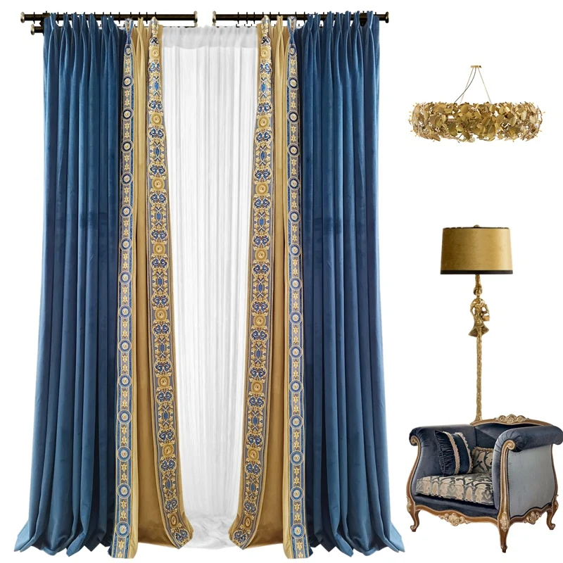 American Retro Gem Blue Velvet Embroidered Curtains for Living Room Bedroom French Window Customized Finished Villa