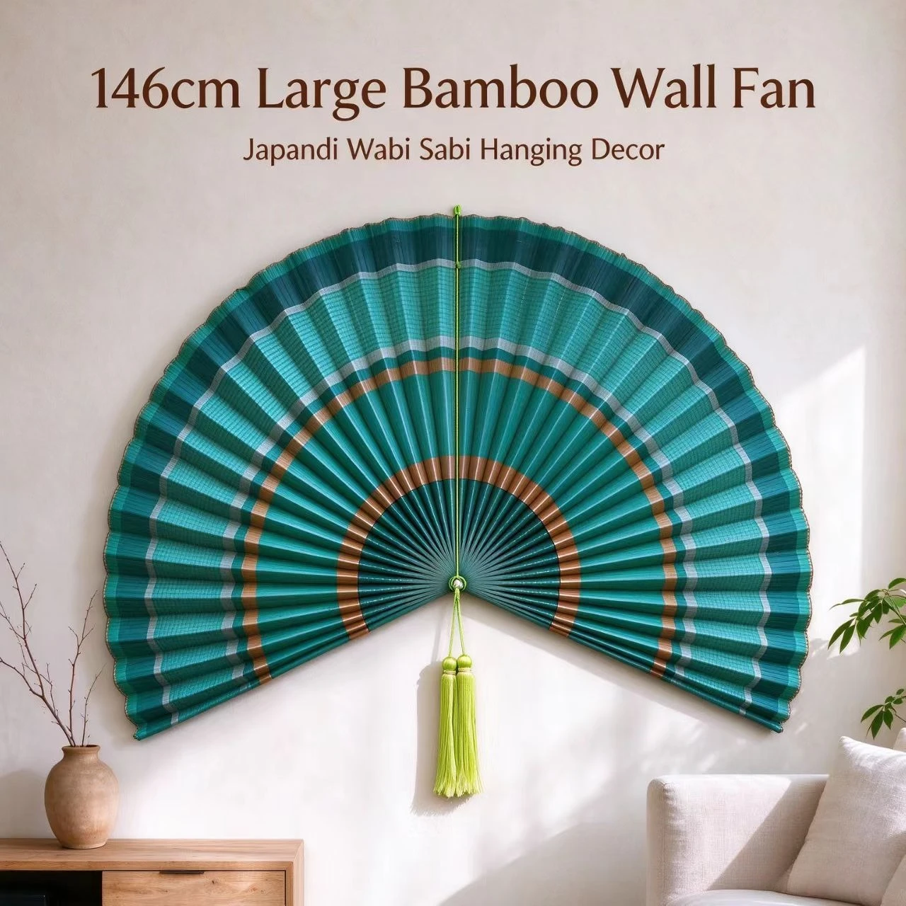 Large Green Striped Bamboo Wall Fan, Handmade Woven Wall Decor for Japandi Style Room