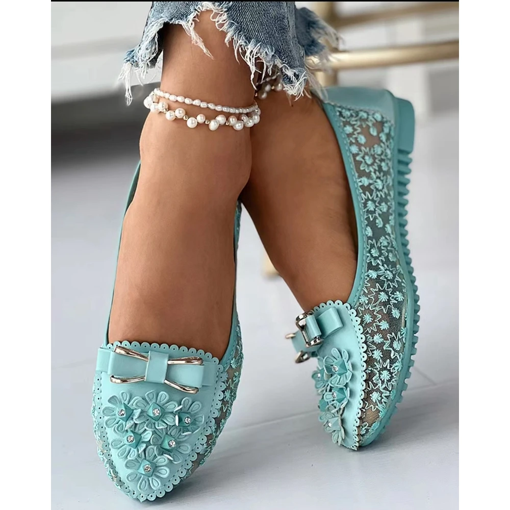 2024 Summer Women Floral Embroidery Bowknot Decor Work Loafers Casual Design Flats Lady Outdoor Slip-on Going Out Elegant Shoes