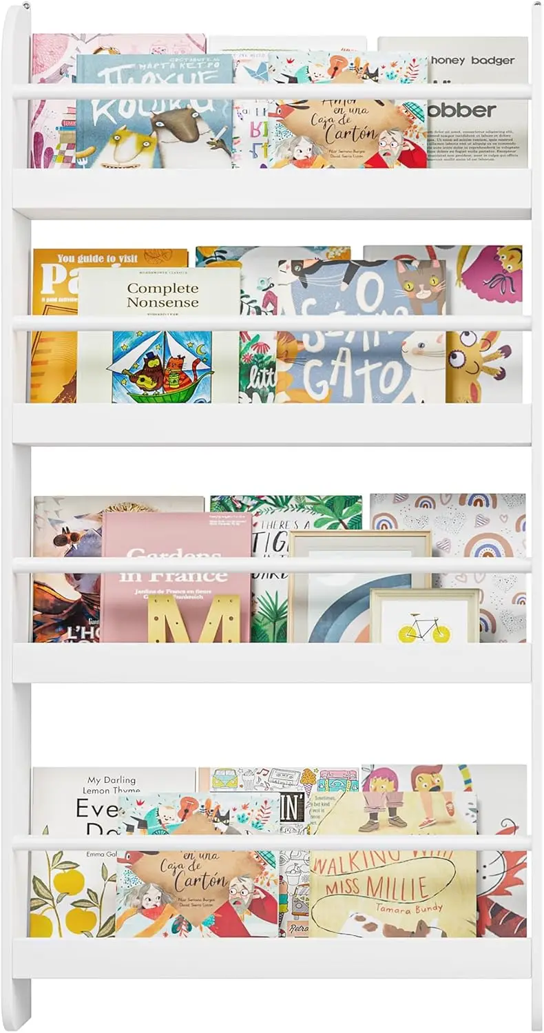 

Wall Mount 4-Tier Bookshelf for Kids, Toy and Book Organizer, White, Bedroom or Nursery Storage