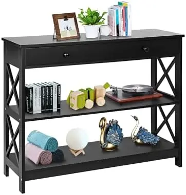 

3 Tier Console Sofa with Drawer and Shelves Narrow Entryway Hallway Room Bedroom, Stable X Frame Design, 39 Inch Long Black