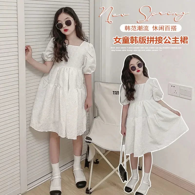 2024 summer princess white dress boat neckline short sleeve backless loose  kids children toddler teen 5 6 8 9 10 11 12 years