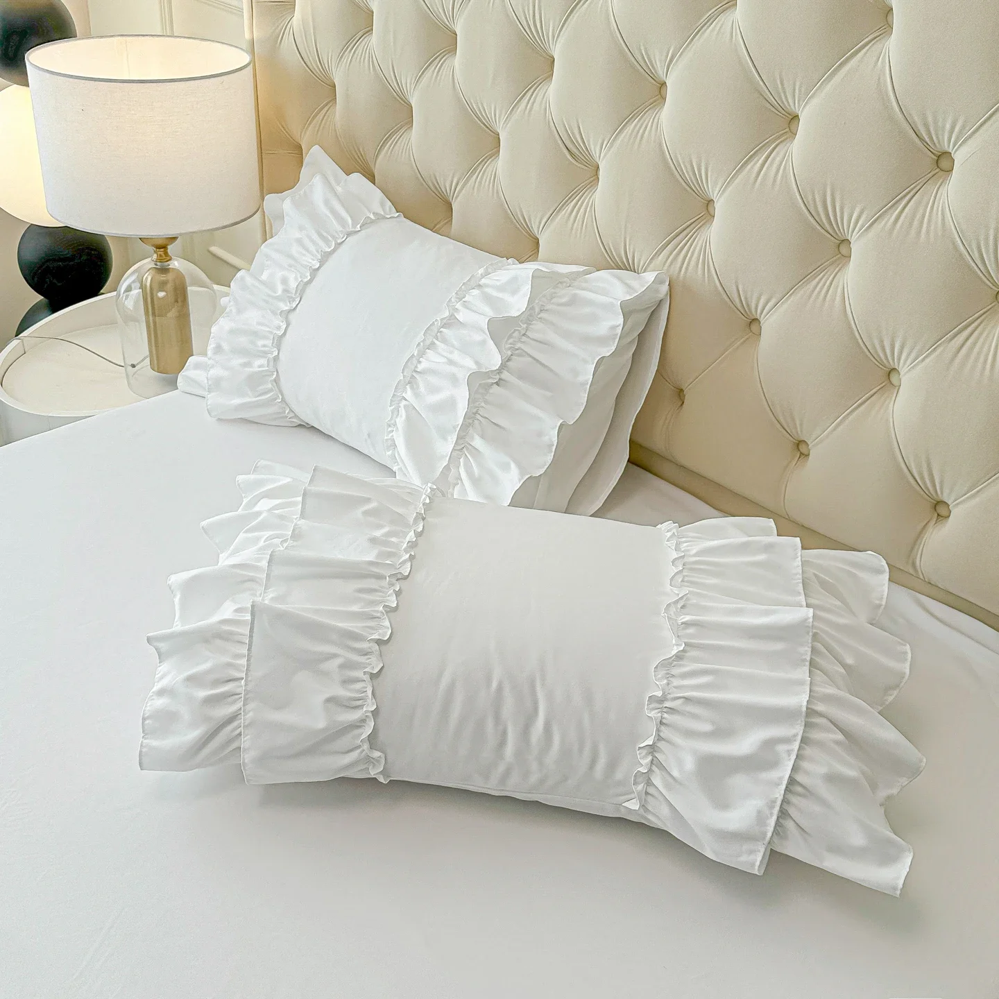 2Pcs Korean Princess Style Pillowcase Double Layer Ruffles Girls Home Bedroom Decorative Soft Washed Cotton Pillow Cover 48x74cm
