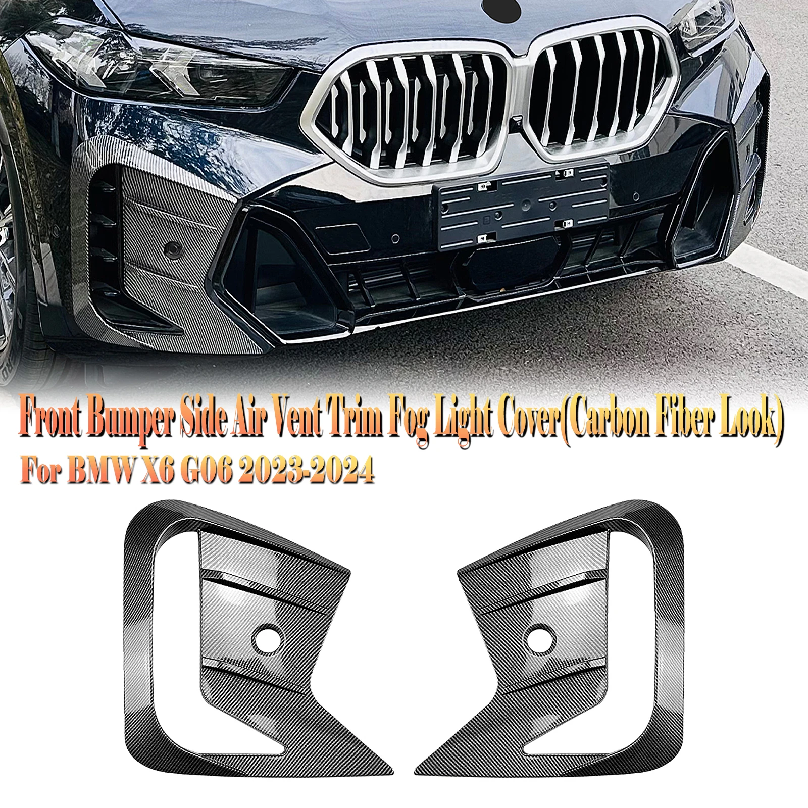 

For BMW X6 G06 2023-2024 Front Bumper Side Air Vent Outlet Trim Carbon Fiber Look/Gloss Black Fog Light Cover Intake Frame Bezel