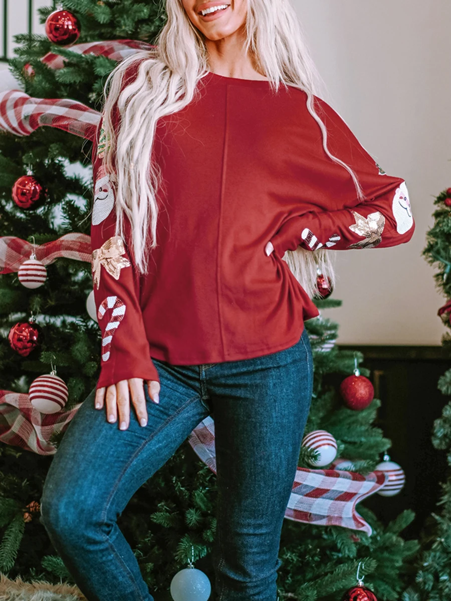 Women Christmas Tops Reindeer Print Round Neck Long Sleeve Loose Fit Casual T-Shirts with Sequins Embellishment