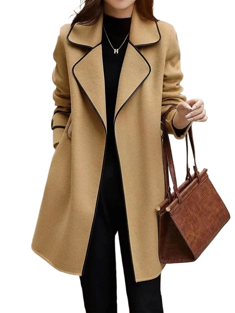 Hot Sale Elegant Solid Wool Blend Coat Autumn Winter Long Sleeve Contrast Lapel Casual Office Lady Trench Coat Fashion Outfits