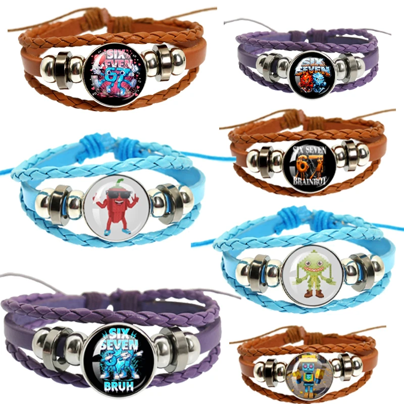 Cute Game STEAL A BRAINROT Blue 67 Sahur Handmade 18mm Blue Leather Bracelet Glass Game Surrounding Jewelry Gift