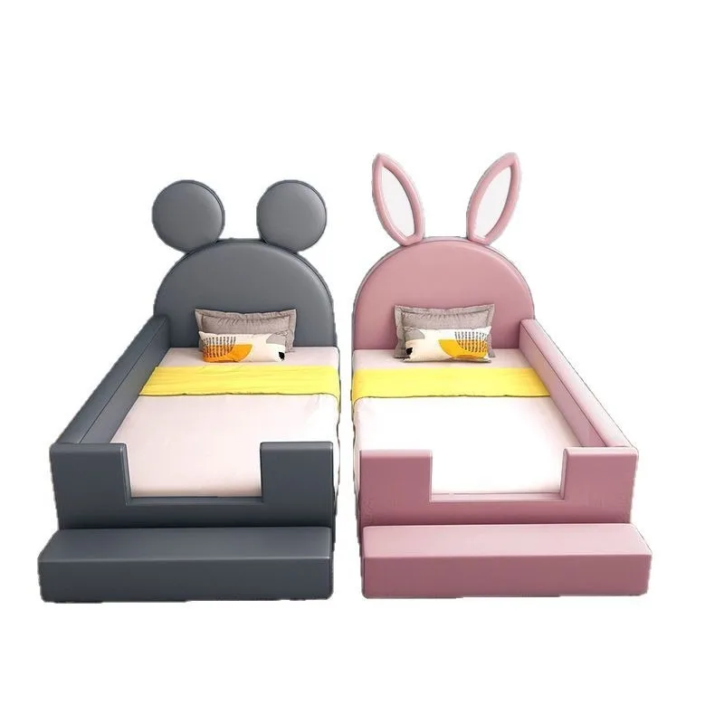 Solid wood  splicing  widened side bed cartoon single bed, baby with guardrail small bed soft bag bed
