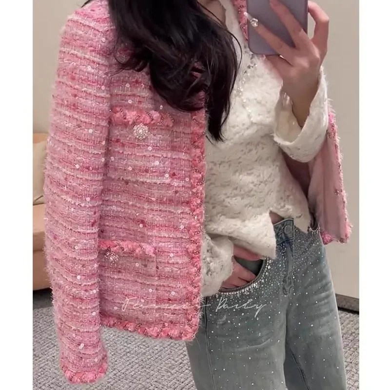 

Женское пальто Ele Pink ort Faion Spring 2026 Thi Tweed Top Luxury Sle Loose Fit Pure Color round Ne Long Sve