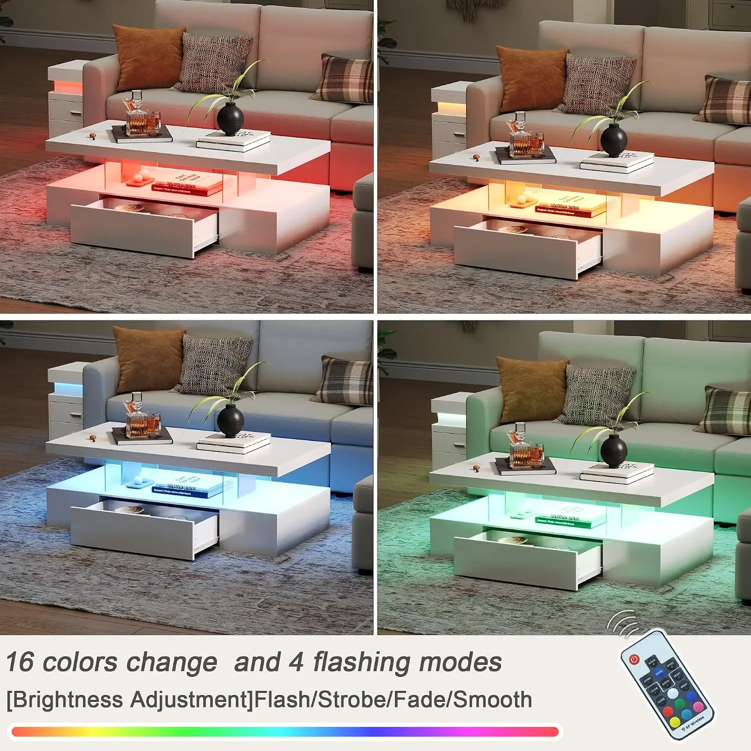Modern LED Coffee Table High Glossy Rectangle with Drawer Storage Bedroom White, Customized