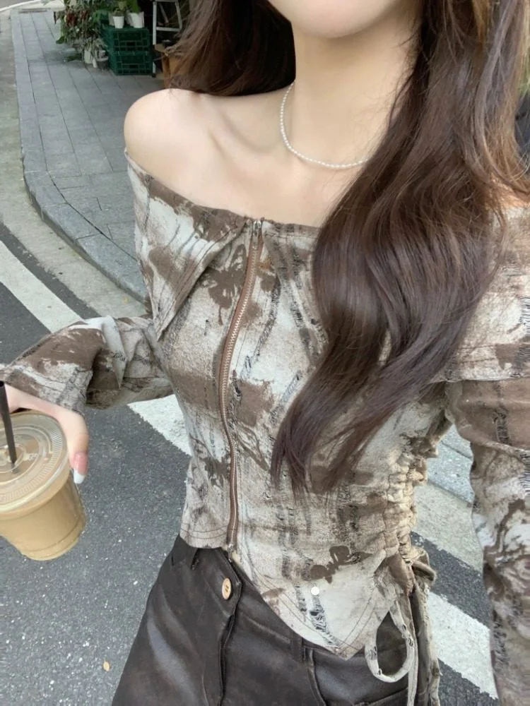 

Женская блузка с эффектом похудения, асимметричным принтом, молнией, коротким рукавом, на одно плечо, с эффектом тай-дай, длинный рукав, весенняя мода