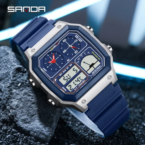 Imagen 2 del producto Reloj electrónico SANDA 6257 para hombre, calendario de moda, luminoso, resistente al agua, correa de acero inoxidable, despertador, relojes digitales deportivos