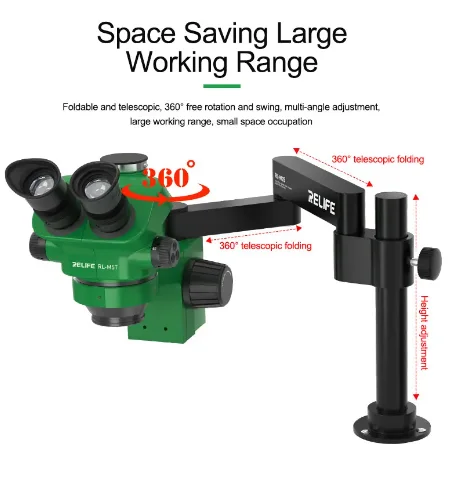 RELIFE RL-M28 مجهر عالمي قابل للطي سوينغ الذراع قوس للطي 360 درجة سوينغ ارتفاع قابل للتعديل حامل المجهر