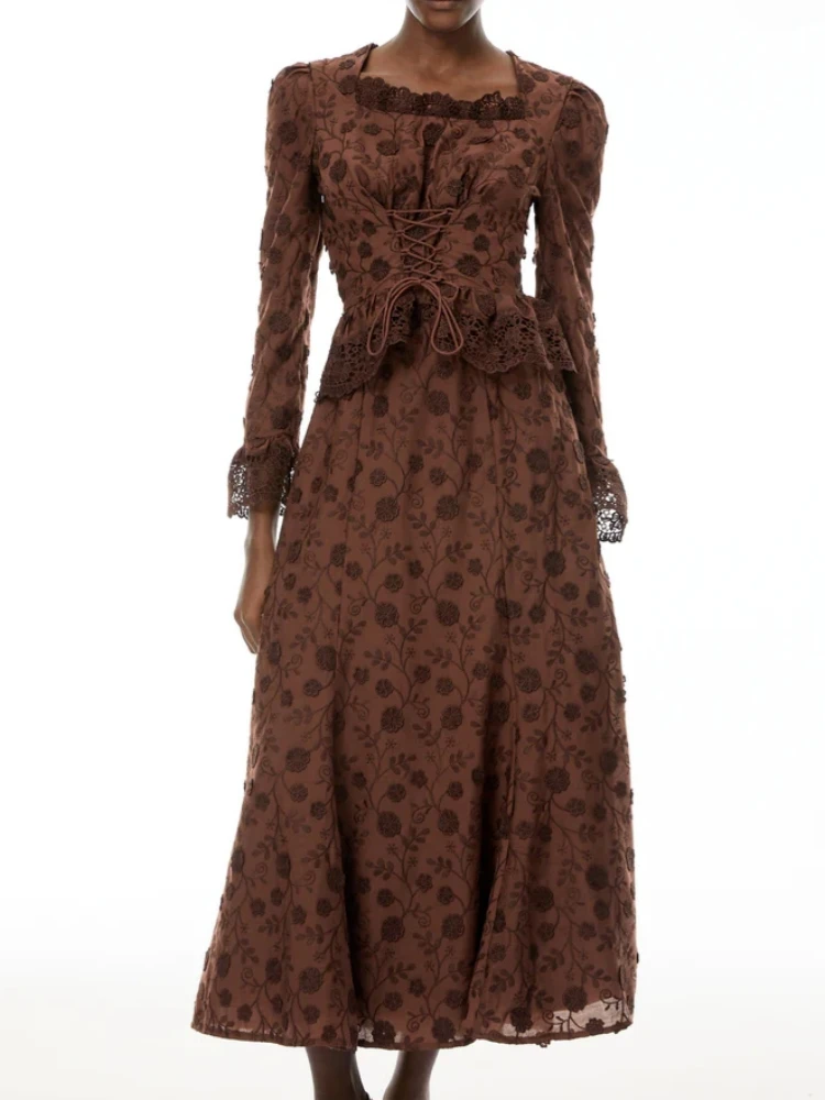 

Women Embroidery Skirts Two Piece Set Sexy Square Neck Long Sleeves Lace-up Top + A-line Long Skirts Suits Party Evening Cocktai