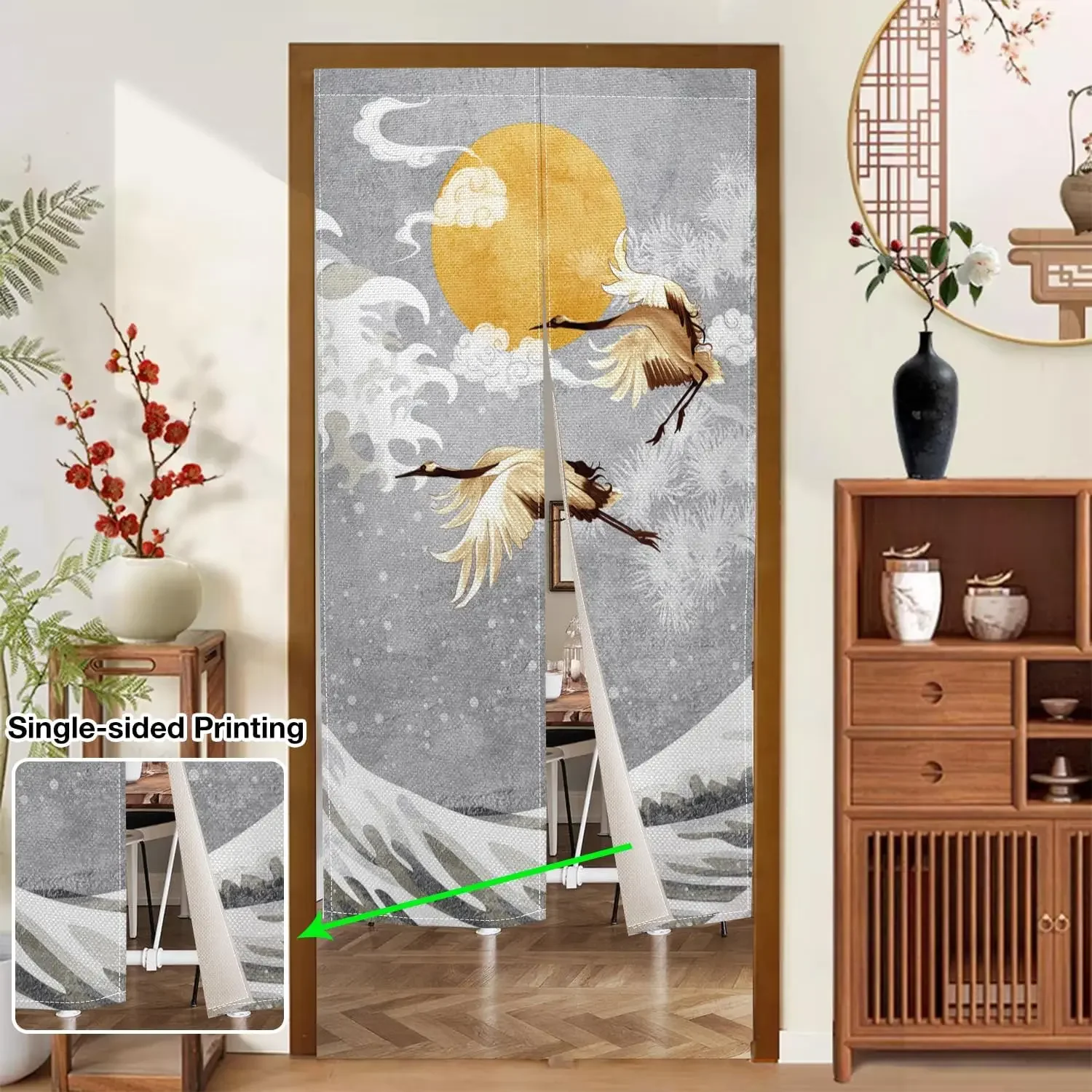 Doorway Curtain Japanese Style Door Tapestry Cranes Waves Gold Full Moon Printed Window Treatment Panel for Room Divider Kitchen