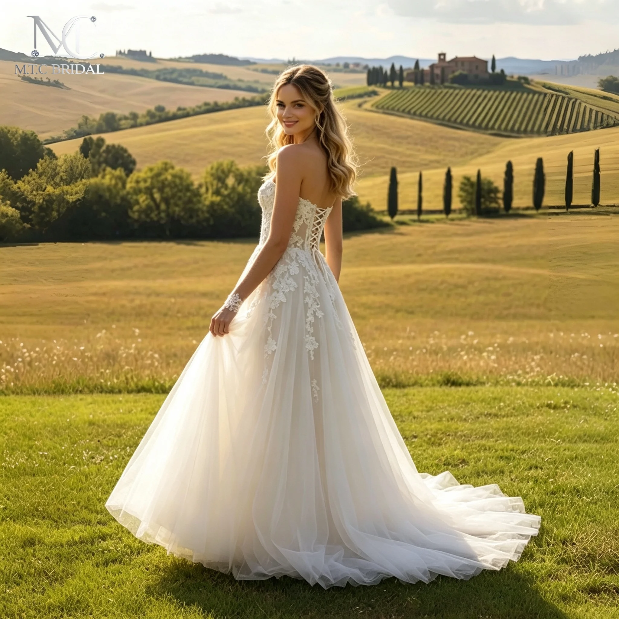 2026 Long Tulle Wedding Dress Strapless A Line Lace Back Bridal Gowns For Outdoor Wedding Vestido De Noiva Robe De Mariee
