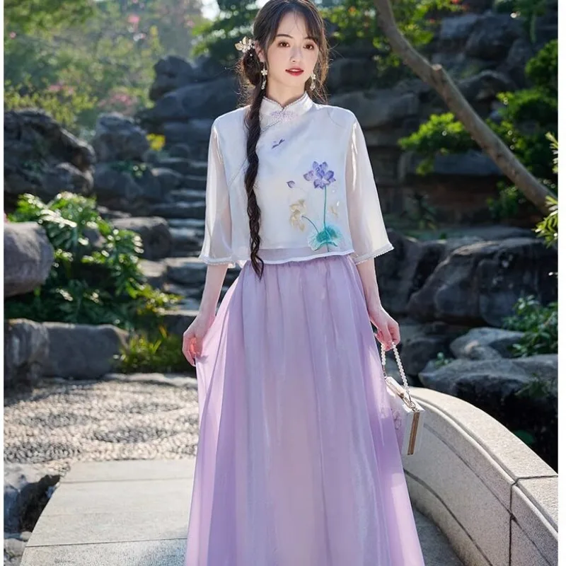 olivegirl-2026-夏シフォントップシャツ刺繍花柄婦人服エレガントなバイオレットスカート改良された日常中国風
