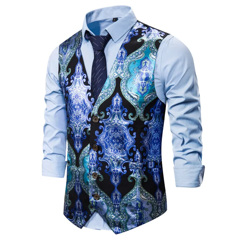 Steampunk Men Suit Waistcoat Luxury Brand Palace Style Floral Print Night Club Prom Slim Wedding Formal Vest Gilet Costume Homme