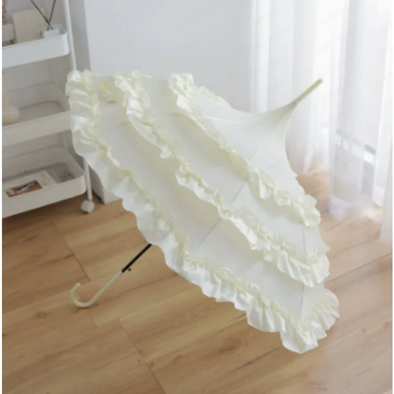 Black Ruffle Pagoda Umbrella Vintage Gothic Lolita Parasol Windproof Sun Rain Umbrella Women Cosplay Photography Prop