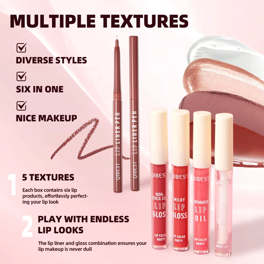Os kits de cosméticos para festa de cor labial QIBEST incluem 2 * Lipliner, 1 batom líquido fosco, 2 esmaltes labiais espelhados e 1 conjuntos de maquiagem de óleo labial